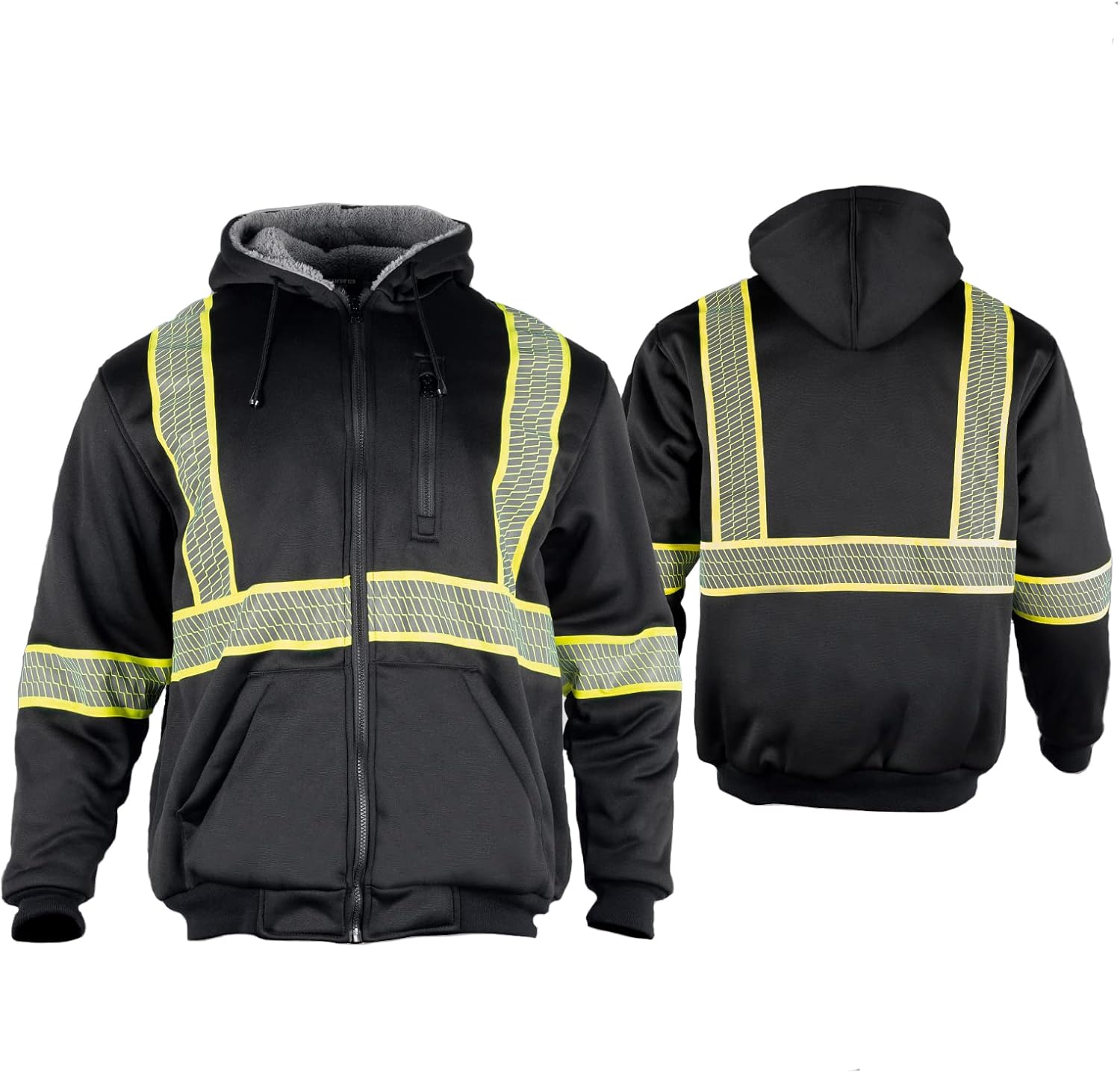 Sudadera reflectante de seguridad ANSI Clase 3 para hombre, de lana y forro polar, con cremallera y parte inferior negra (negro, XL)