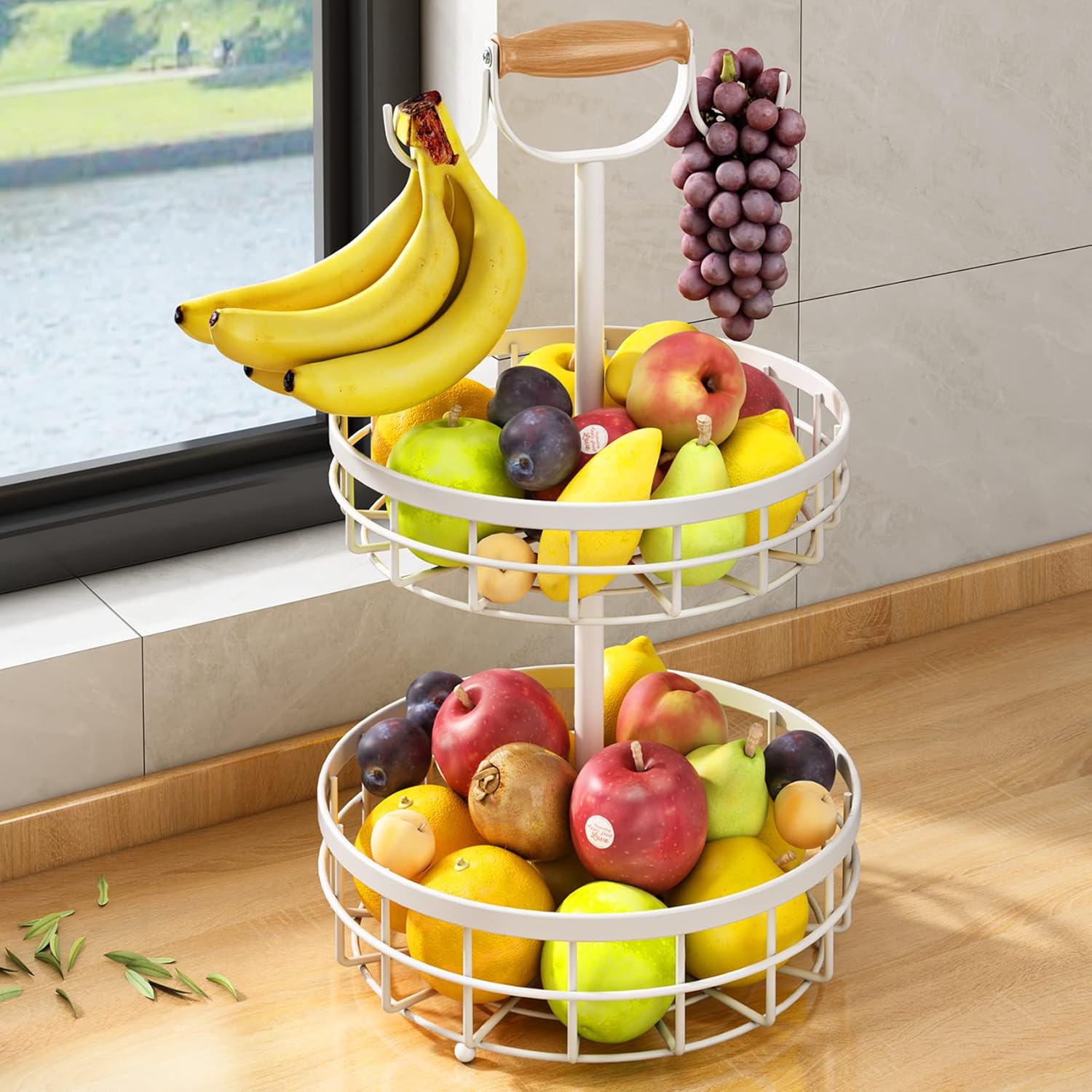 SAYZH Cesta de frutas de 2 niveles con soporte doble para árbol de plátano y mango de elevación de madera, cesta de alambre de metal para encimera