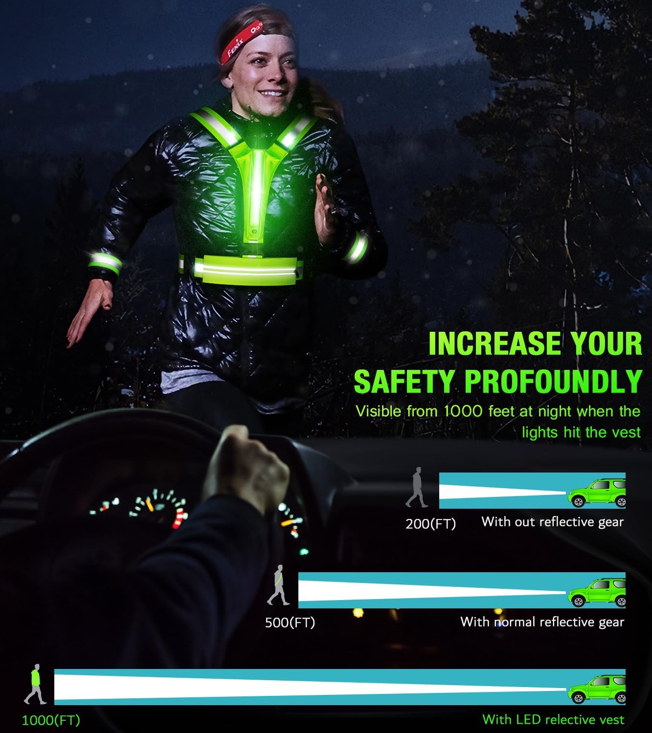 Chaleco reflectante LED para correr, chaleco de correr recargable por USB para corredores, caminatas nocturnas con bolsa impermeable para teléfono,