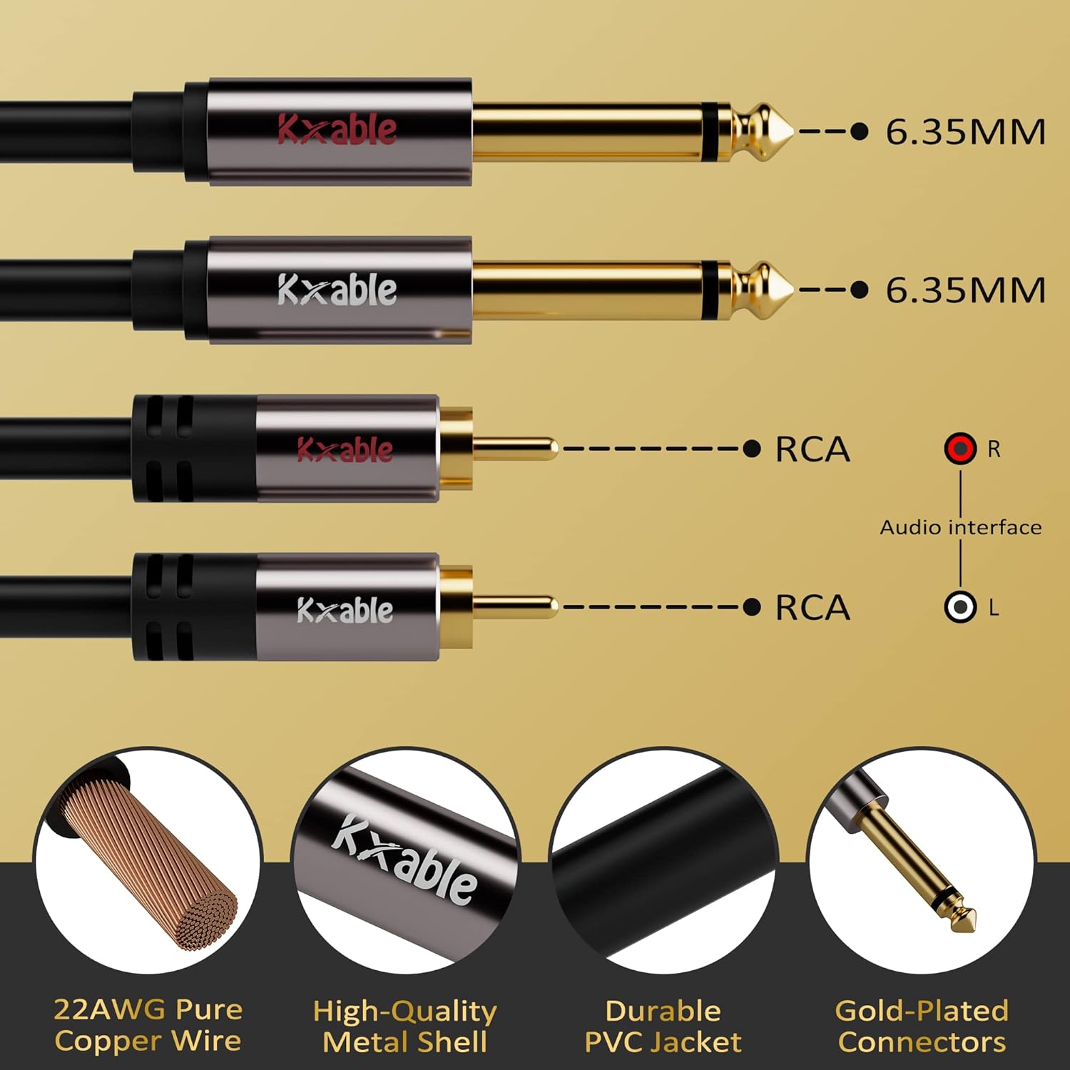 Cable RCA a 14 de 15 pies, cable de interconexión de audio estéreo dual TS de 14 de pulgada a doble RCA, OFC de cobre sin oxígeno, 2 cables mono