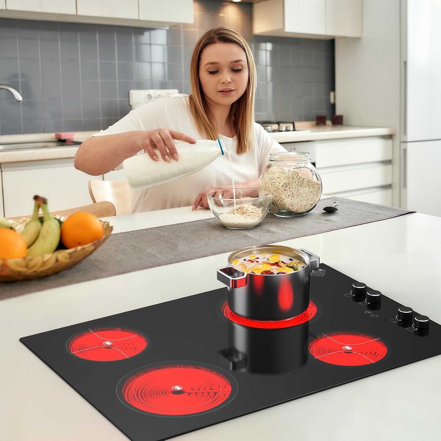 POTFYA – Estufa eléctrica de 30 pulgadas, 4 quemadores de 7200 W, placa de cerámica eléctrica integrada para cocinar, 220-240 V, control de perilla,