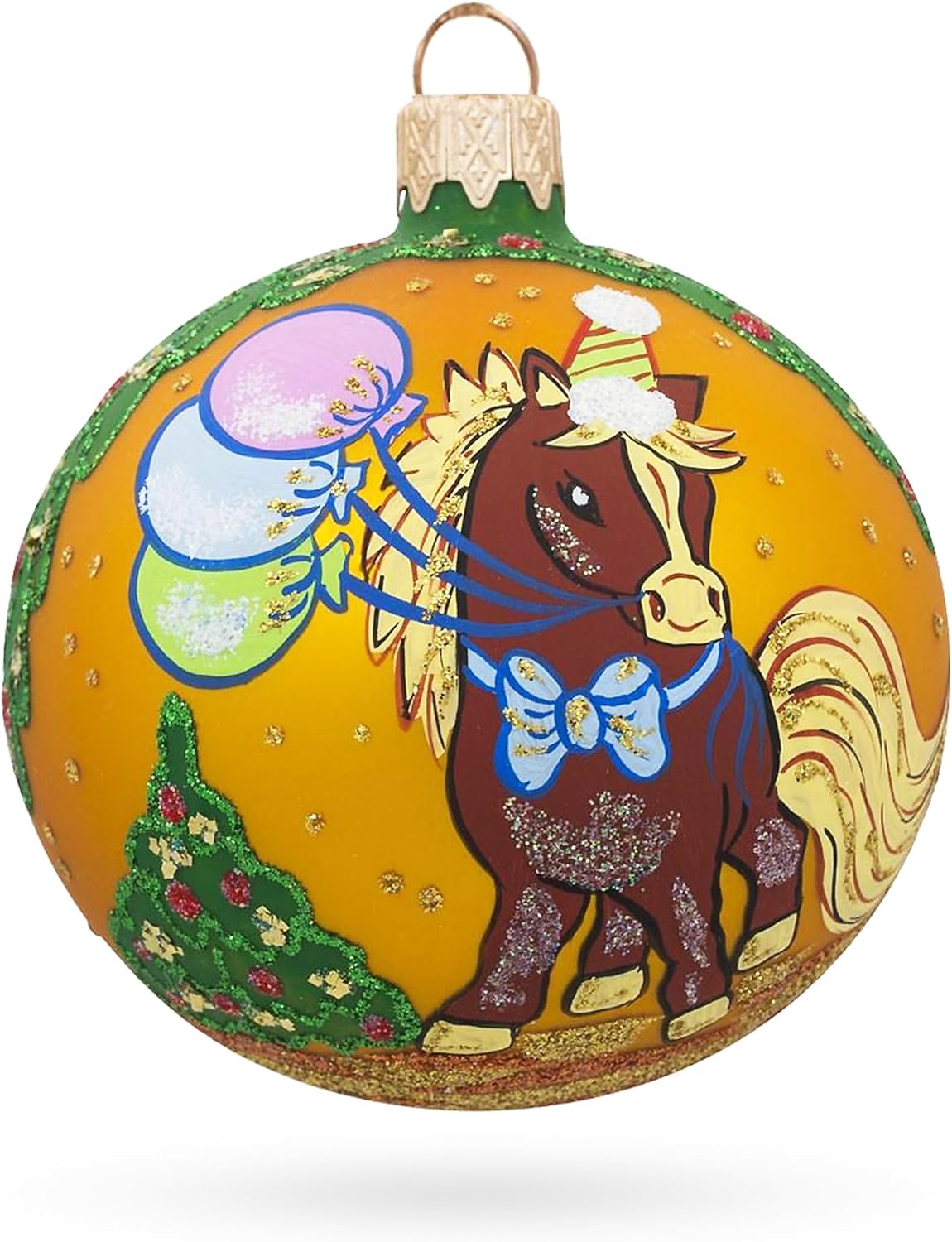 Caballo caprichoso con globos flotantes, bola de vidrio soplado, adorno de Navidad de 3.25 pulgadas