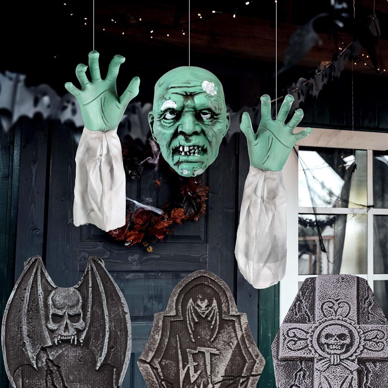 Soaoo El juego de decoración de zombi para Halloween incluye 1 estaca de esqueleto aterrador y 5 lápidas de cementerio de espuma de Halloween de 17