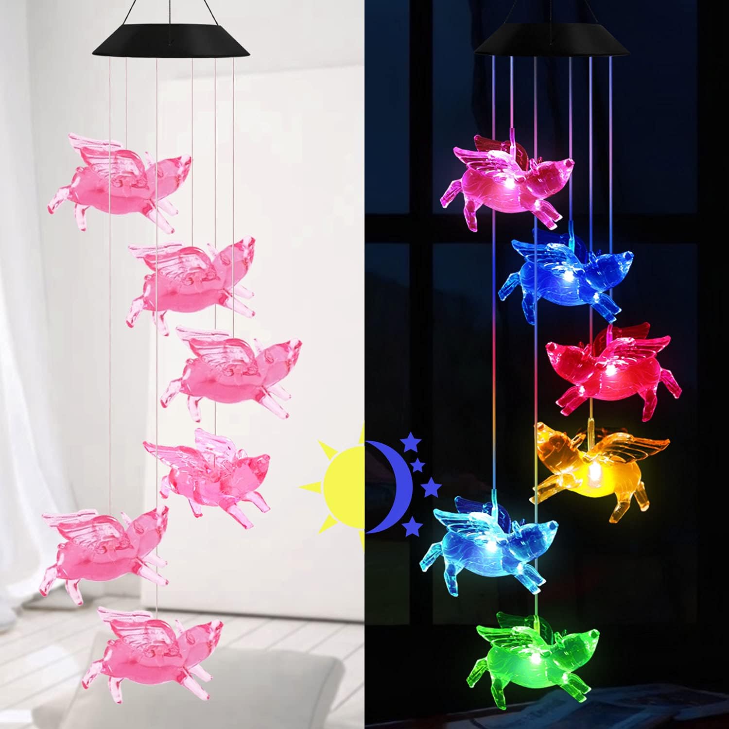 Campanillas de viento de cerdos moscados, campanillas de viento de cerdos que cambian de color, luces solares impermeables de cerdos voladores,