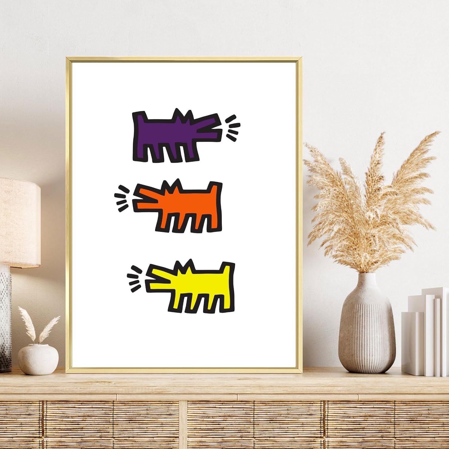 GLODD Keith Haring – Arte de pared, lienzo de perros ladrando, arte de línea negra, colores surtidos, 8 x 10 pulgadas