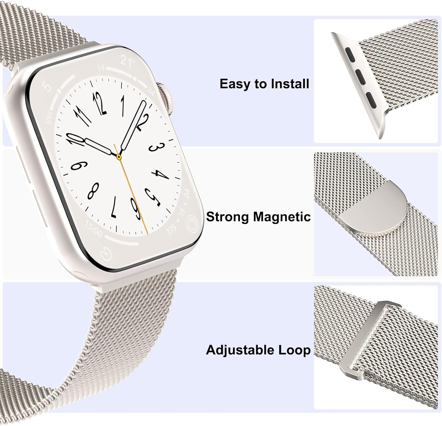 Steezrd Paquete de 3 correas metálicas de malla compatibles con Apple Watch de 1.496 in 1.575 in 1.614 in 1.654 in 1.732 in 1.772 in 1.929 in,