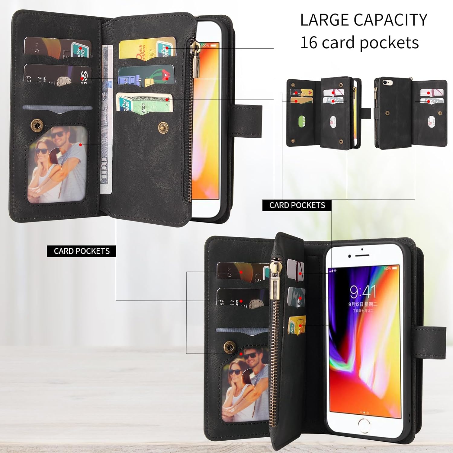 Asuwish Funda de teléfono para iPhone 66s78SE 2020 2022 con protector de pantalla de vidrio templado y tarjetero abatible para celular i Six Seven