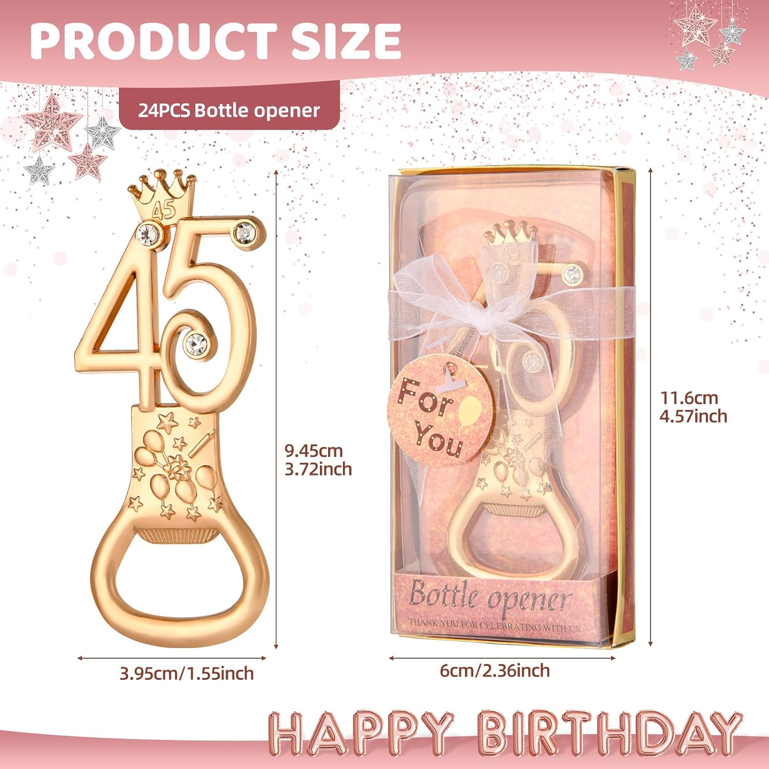 24 boxes of rose gold themed 45th birthday bottle openers, suitable for 45th anniversary wedding party gifts, 45th birthday party souvenirs or party