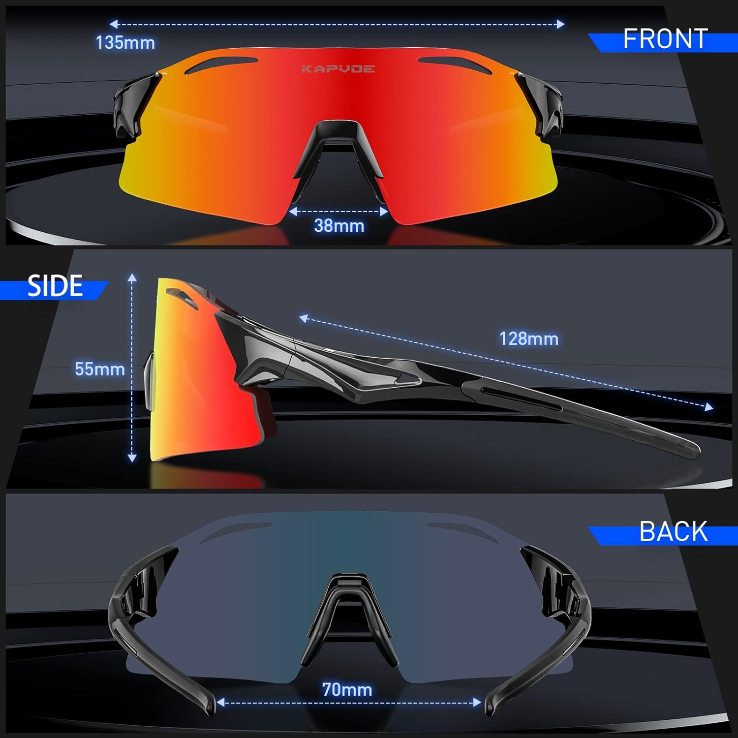 KAPVOE Gafas de ciclismo polarizadas con 3 lentes intercambiables, MTB ciclismo, béisbol, golf, deportes, gafas de sol para hombres y mujeres