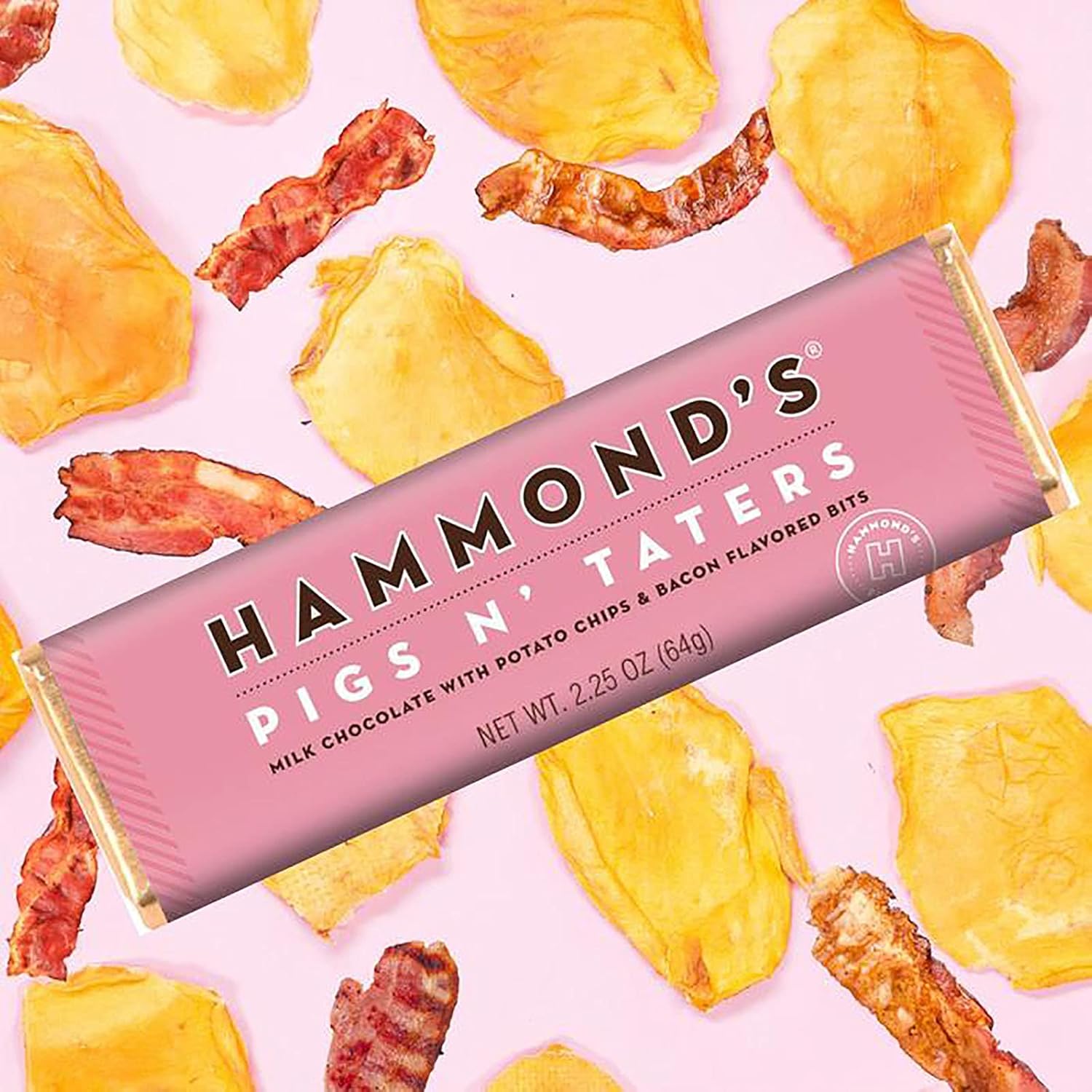 Hammond’s Candies Pigs N’ Taters – Barras de chocolate gourmet  Chocolate con leche, papas fritas, trozos con sabor a tocino, barra de chocolate