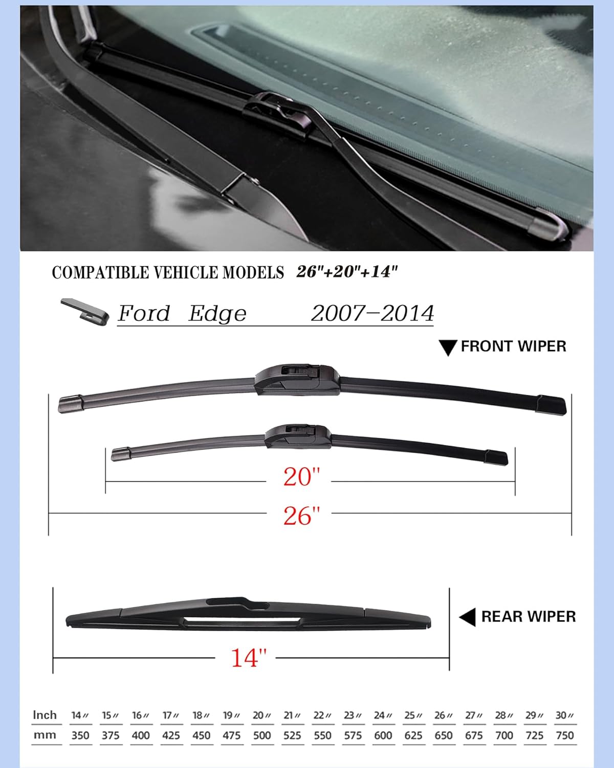 Juego de 3 limpiaparabrisas de repuesto para Ford Edge 2007-2014, juego de 3 limpiaparabrisas de 26 + 20 + 14 pulgadas (juego de 3) gancho UJ