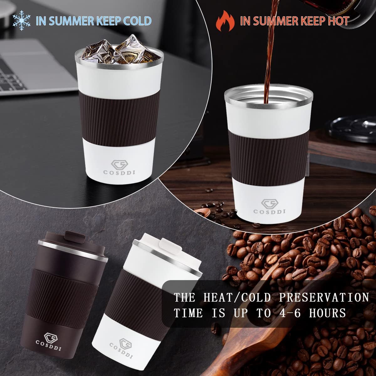 CS COSDDI – Vaso térmico de acero inoxidable de 12 onzas con aislamiento al vacío, taza de viaje a prueba de derrames con tapa, para mantener el