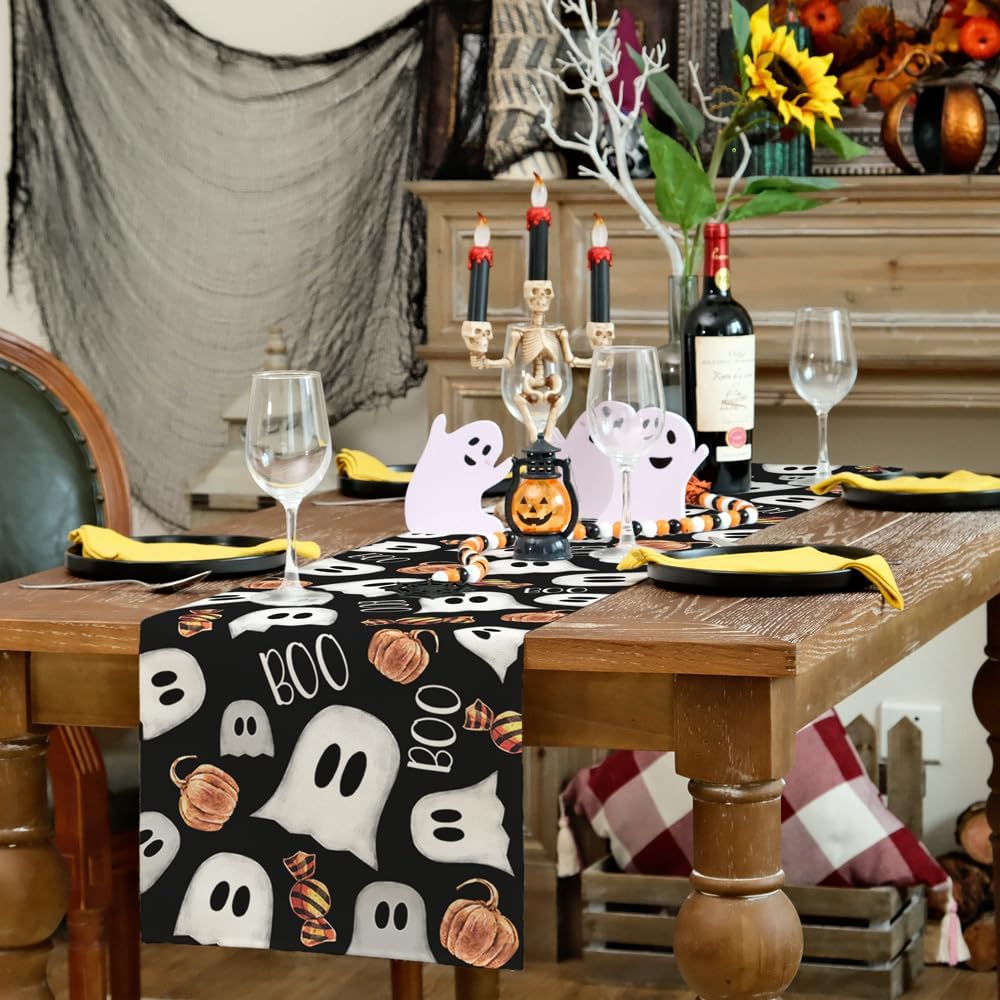 ARKENY Camino de mesa de Halloween de 13 x 120 pulgadas, calabaza espeluznante fantasma Candy Boo, arpillera de temporada para interiores, cocina,