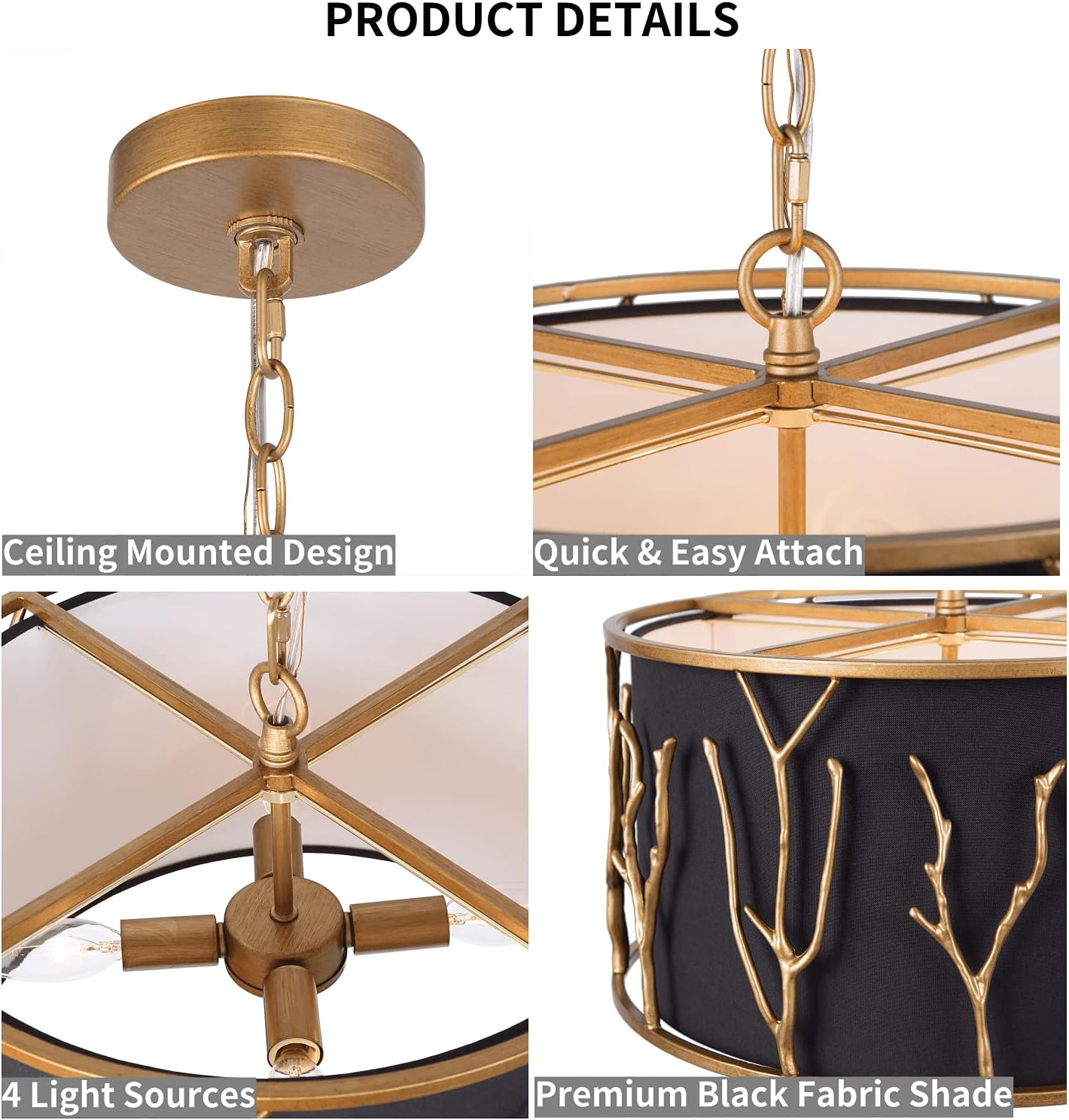 Durent Lighting Lámpara colgante de tambor de 4 luces con pantalla de tela negra y marco de cobre antiguo, lámpara redonda de 15.5 pulgadas con