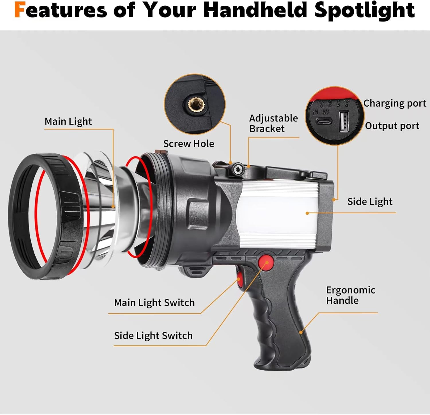 Proyector de mano súper brillante, linterna LED recargable, reflector grande de larga duración con cargador de salida USB para exteriores (luz
