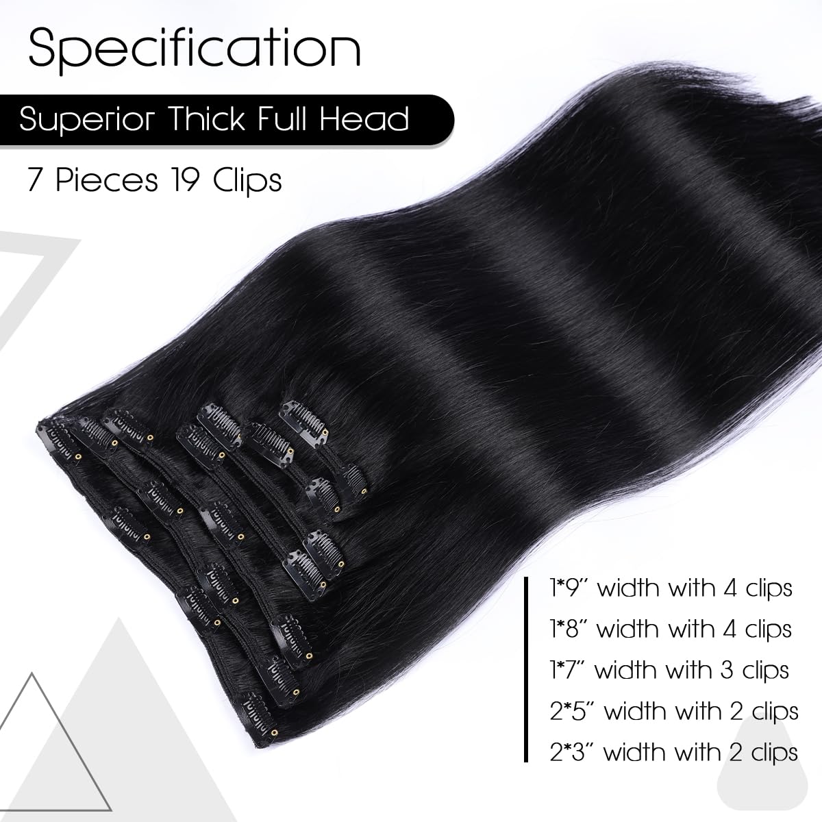 VINBAO Extensiones de cabello humano Remy negro con pinzas, color negro azabache, extensiones de cabello humano grueso con clip, 20 pulgadas, doble