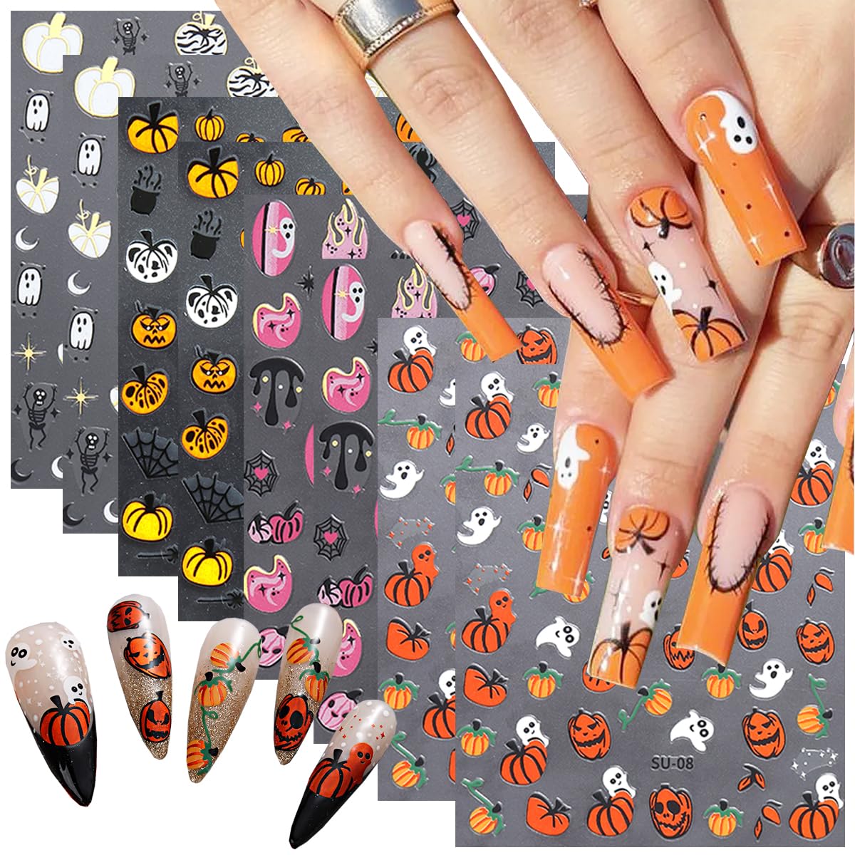 8 hojas de calcomanías de arte de uñas de Halloween, lindas calcomanías de calabaza fantasma, 3D, autoadhesivas, telaraña, murciélago, fantasmas,