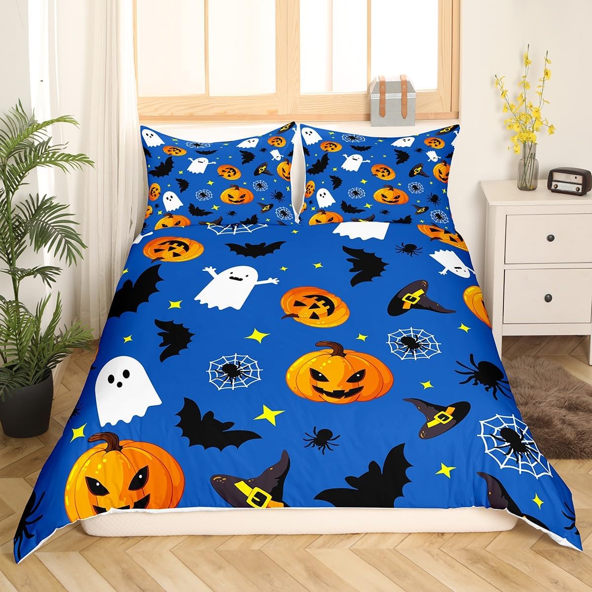 Manfei Juego de funda de edredón con diseño de calabaza, tamaño individual, funda de edredón con 1 funda de almohada, juego de ropa de cama de 2