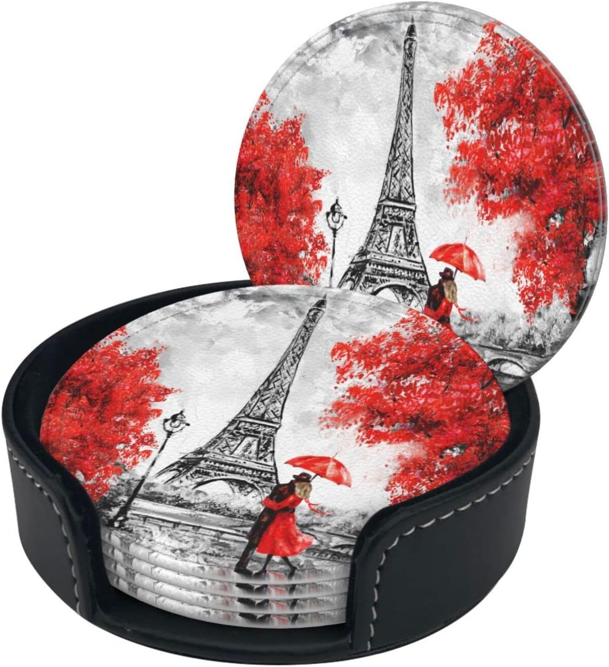 6 posavasos de cuero para bebidas con soporte rojo Eiffel Lovers París, juegos de posavasos para mesa de bebidas, posavasos para cocina, decoración