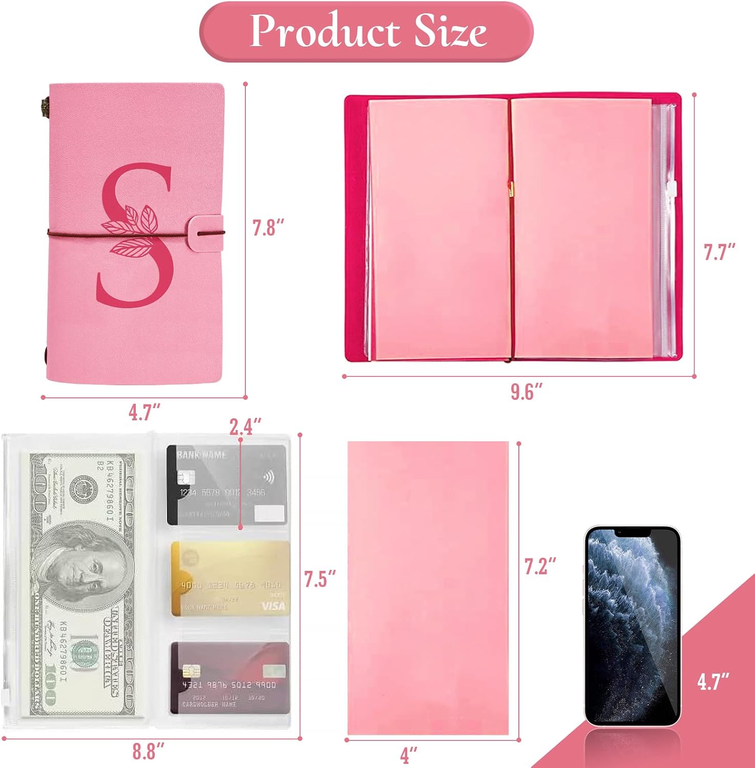 JEWPHX Diario personalizado para regalo, diario de cuero con inicial rosa + juego de bolígrafo de corazón de diamante, cuaderno de viaje, bloc de