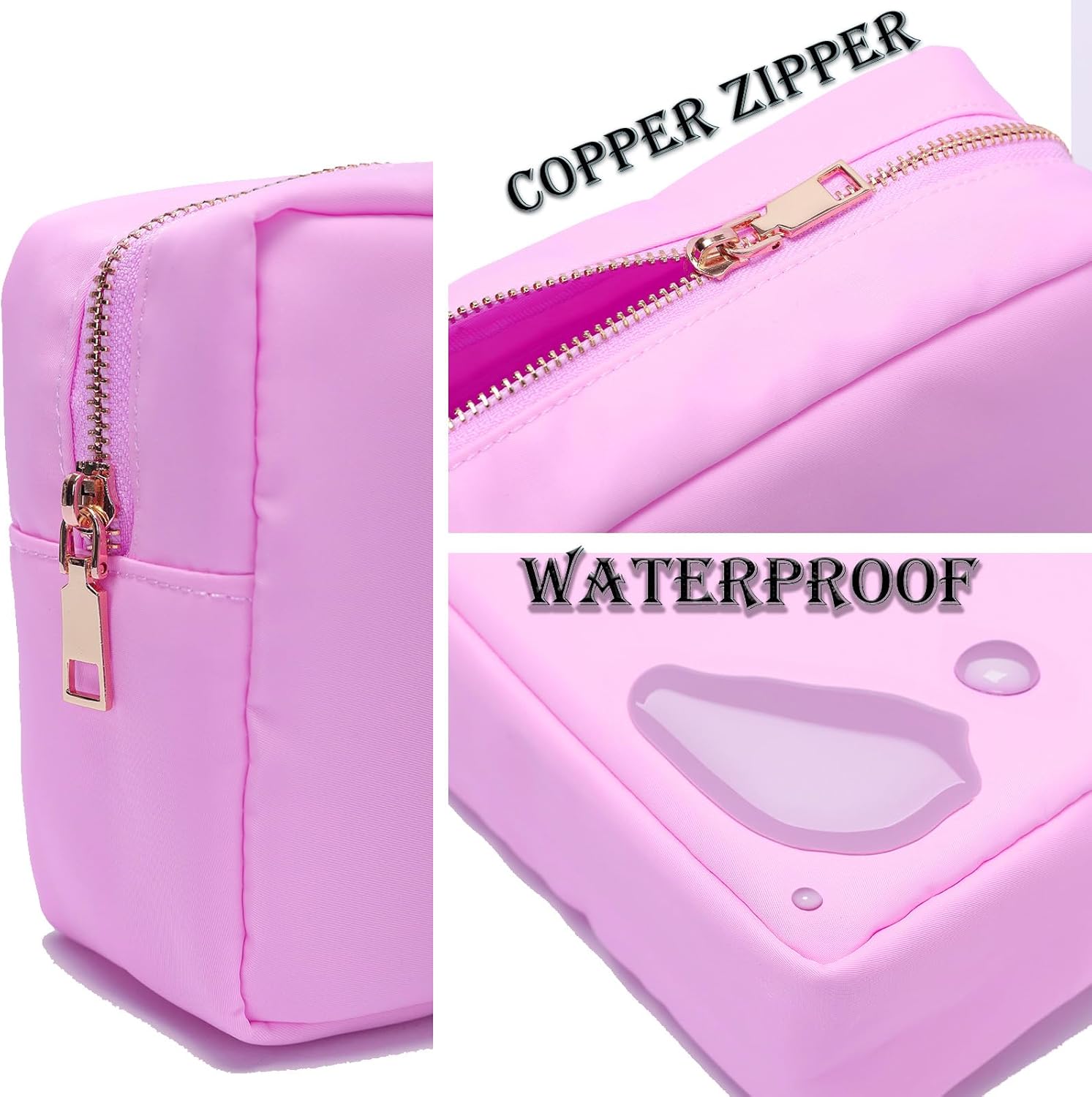 Preppy Patch – Bolsas de maquillaje con letras con purpurina, bolsa de cosméticos de viaje, bolsa de nailon impermeable para mujeres y niñas,