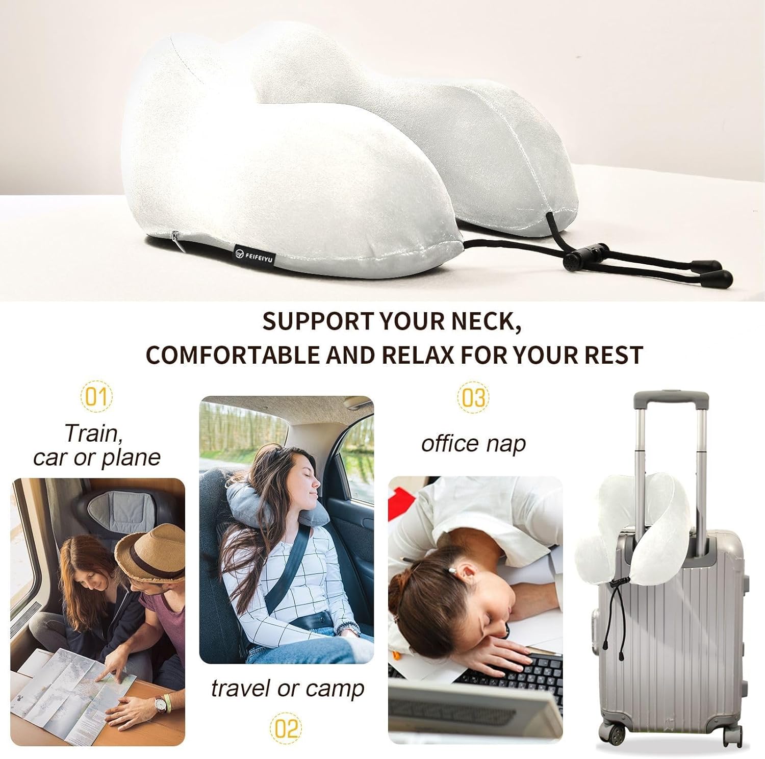 Almohada de viaje de color marfil para cama de viaje de coche, almohada de espuma viscoelástica en forma de U para el cuello, color marfil
