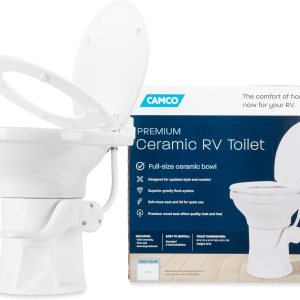 Camco Inodoro de cerámica de alta calidad para cámper o caravana, cuenta con sistema de descarga por gravedad con práctico pedal y diseño ergonómico Camco Inodoro de cerámica de alta calidad para cámper o caravana, cuenta con sistema de descarga por gravedad con práctico pedal y diseño ergonómico