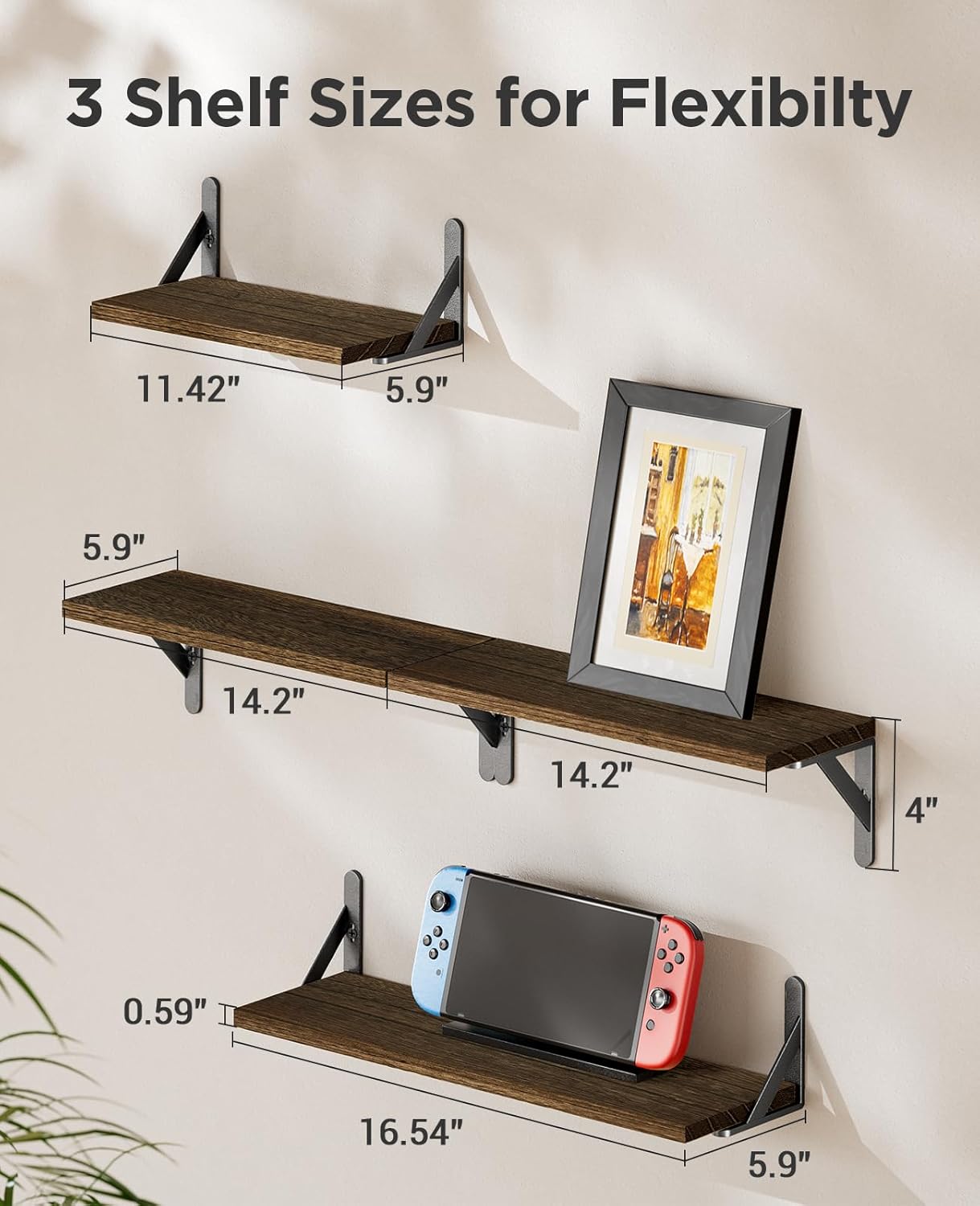 AMADA HOMEFURNISHING Juego de 4 estantes flotantes para montar en la pared, estantes de madera para decoración de pared, estante de almacenamiento