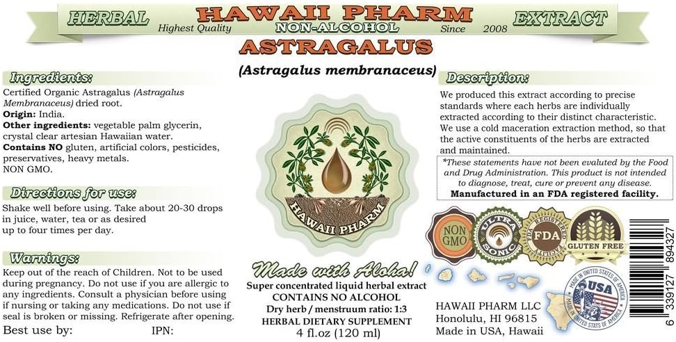 Extracto líquido sin alcohol de astrágalo, astrágalo orgánico (Astragalus membranaceus) raíz seca glicerita Hawaii Pharm suplemento herbario natural