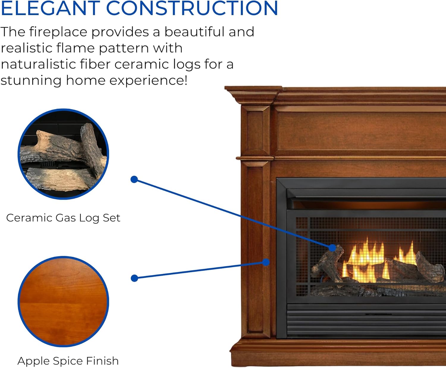 Duluth Forge Sistema de chimenea de gas sin ventilación de combustible dual con manto, control de termostato, 5 troncos de fuego, uso con gas