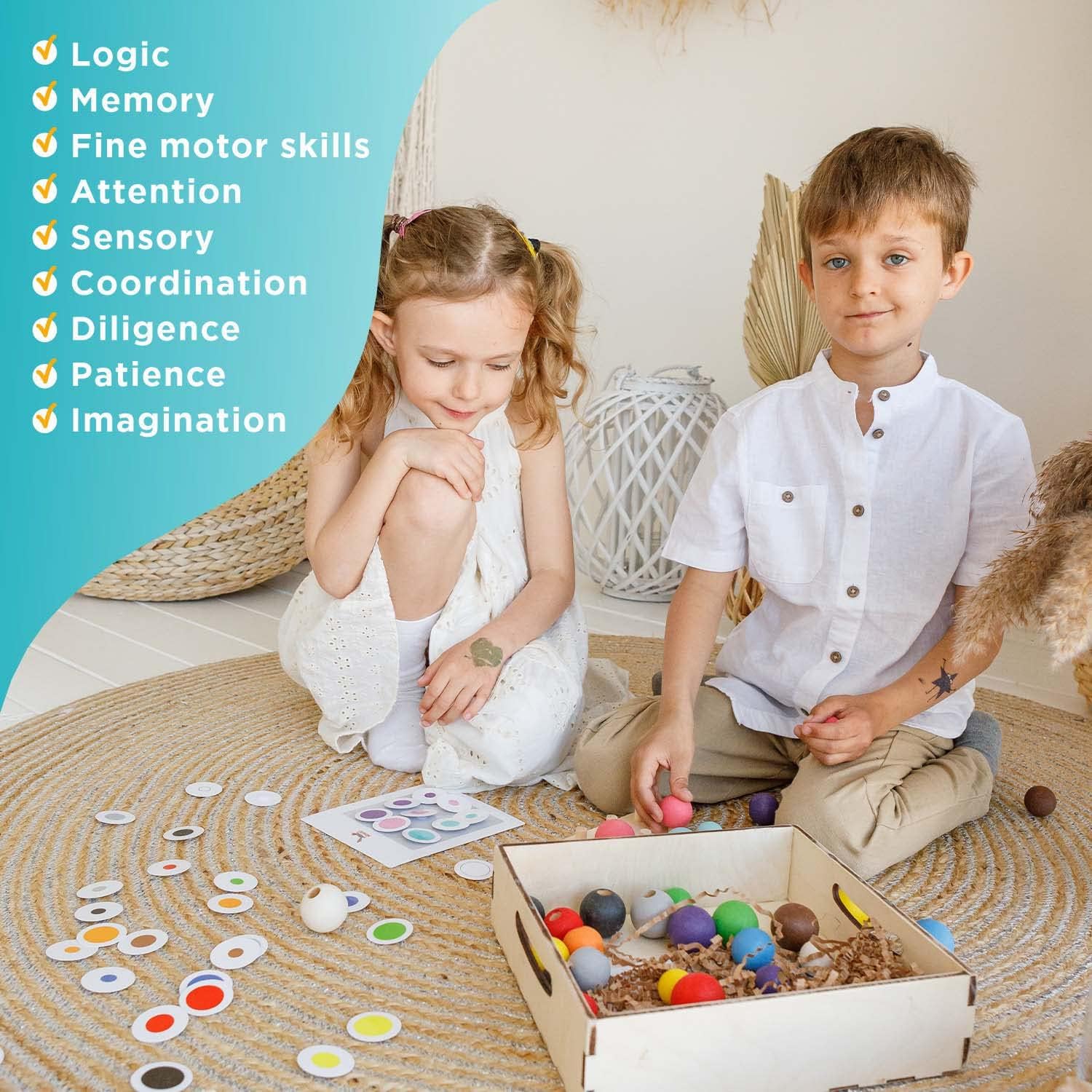 Ulanik Bolas a bordo Montessori Juguetes para niños de 3 años + Juego clasificador de clavijas de madera para aprender clasificación de colores y
