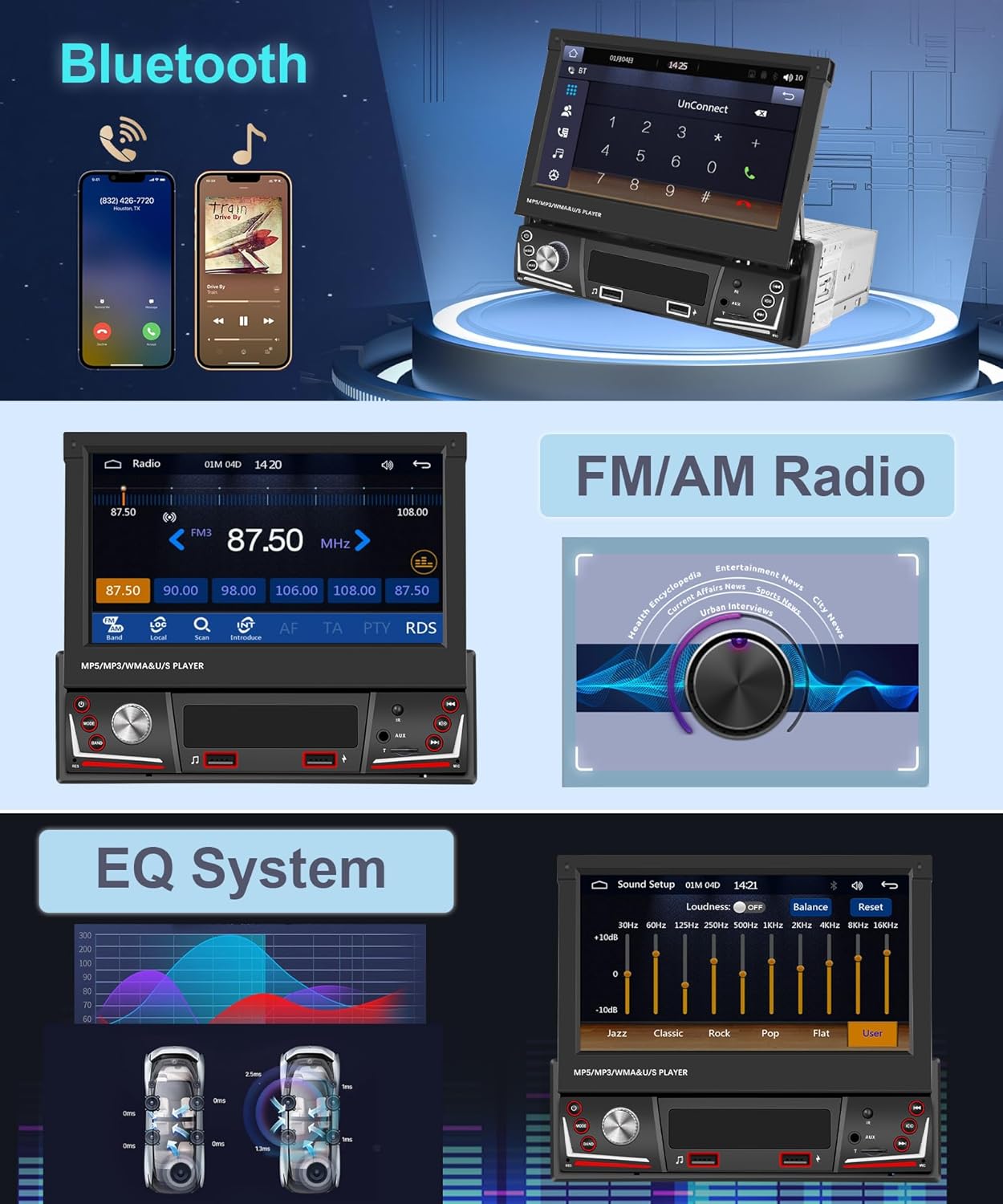 Rimoody 1 DIN – Pantalla táctil abatible con pantalla táctil inalámbrica Apple CarPlay, Rimoody 1 DIN 7 pulgadas radio de coche con Bluetooth FM