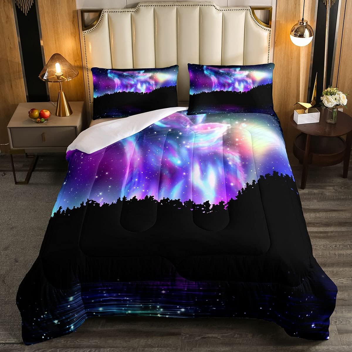 Juego de edredón de lobo galaxia, juego de ropa de cama con luz del norte, para niños, niñas, adolescentes, cielo estrellado, aurora, decoración de