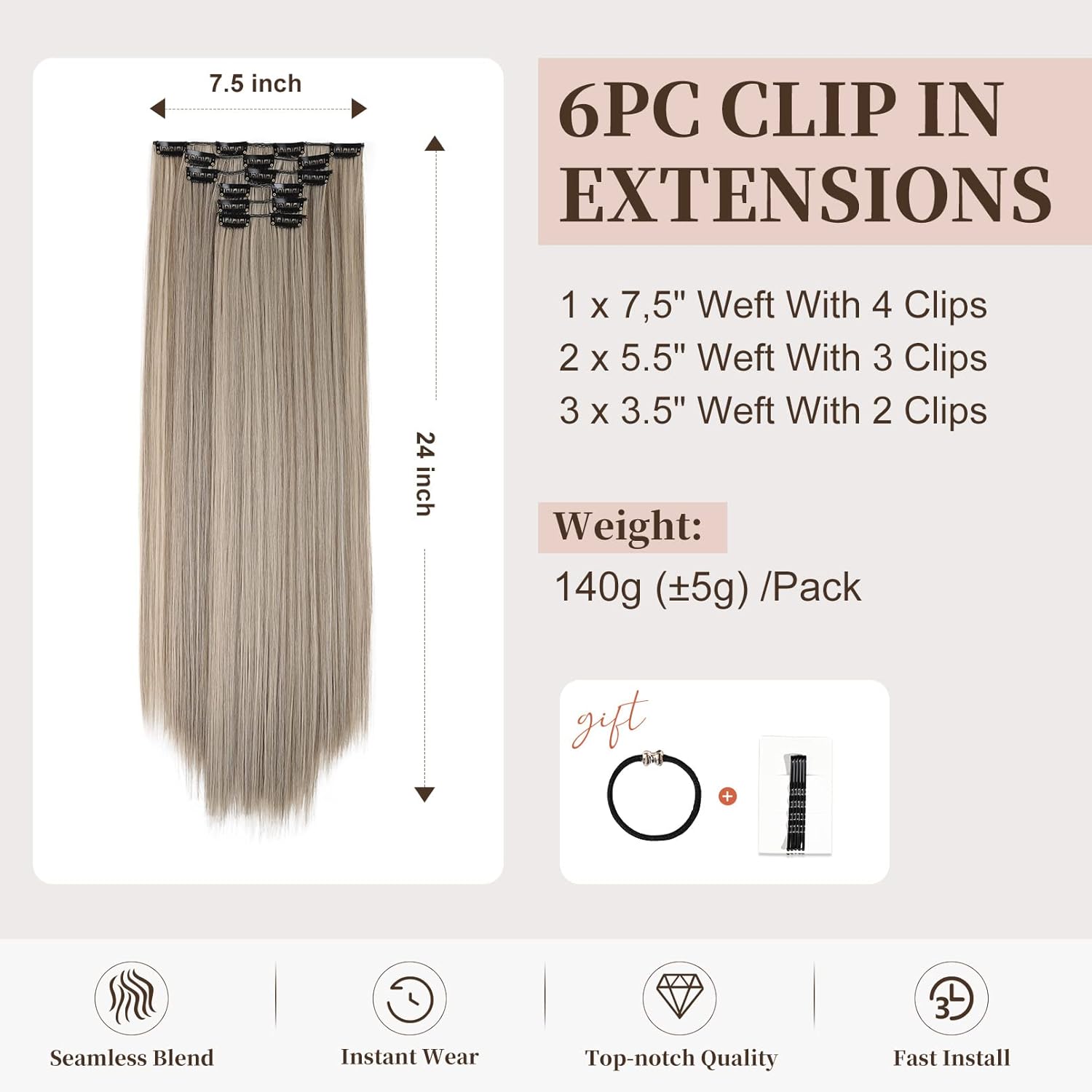 YOGFIT Extensiones de cabello sintético largo y liso con clip, de 24 pulgadas, 6 unidades, balayage, marrón ceniza con rubio blanco, extensiones