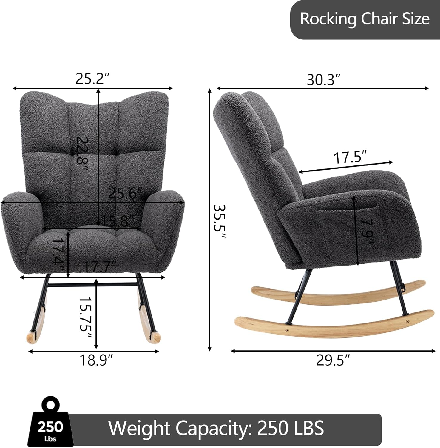 MATONELL Rocking Chair Nursery, Soft Teddy Velvet Fabric Rocking Chair for Nursery, Comfy Wingback Glider Rocker with Safe Solid Wood Base for
