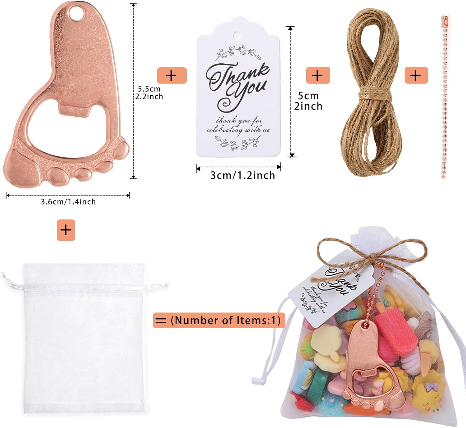 25 piezas de abrebotellas de huellas, recuerdos de baby shower, suministros y decoraciones con bolsas de organza y 1 rollo de cuerda de yute (oro