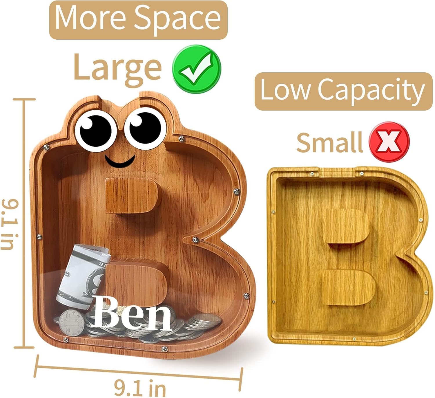 Alcancía de madera, alcancía de letras personalizadas (9.1 pulgadas, grabado láser), caja de dinero de madera, alcancía de regalo para niños, regalo