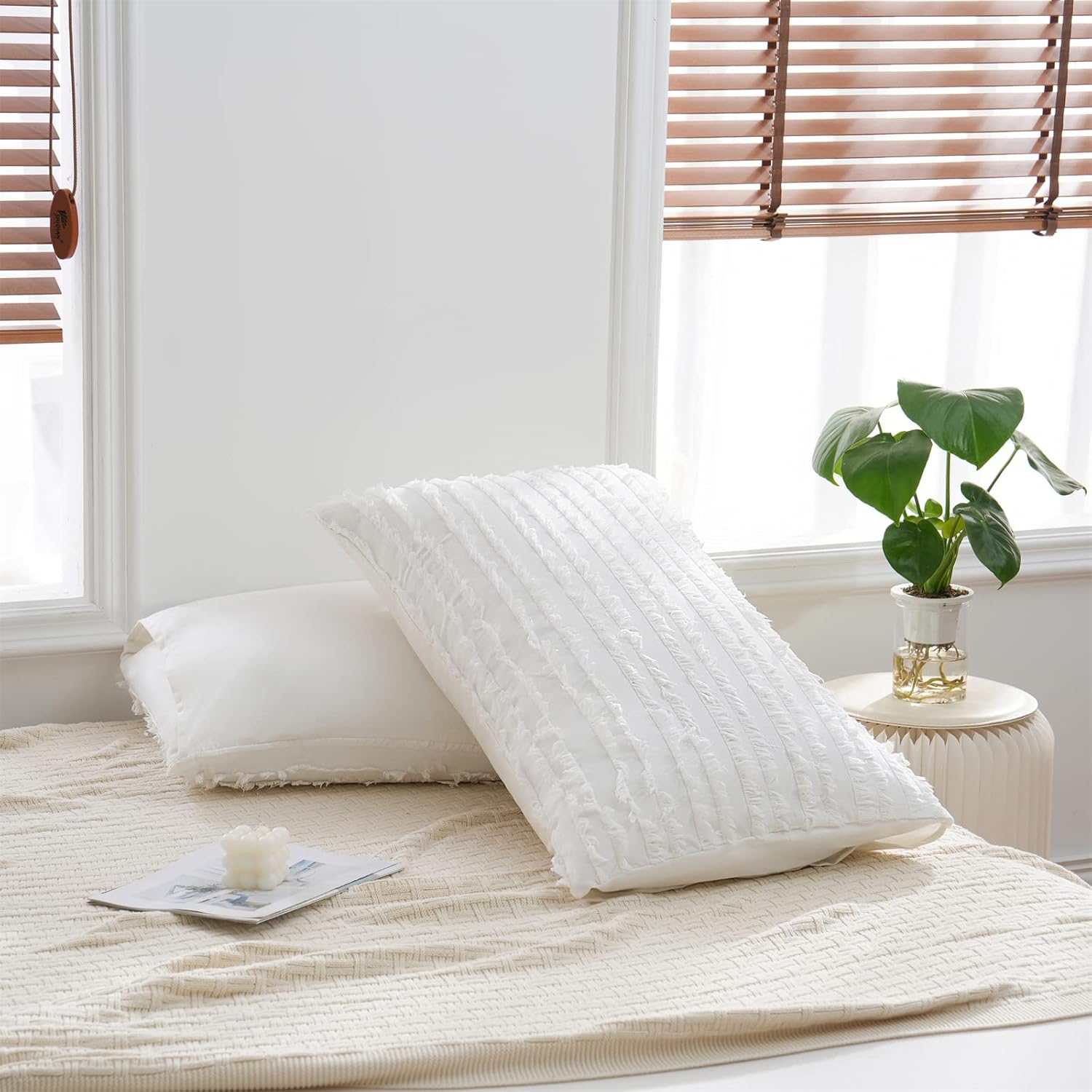 Herside Juego de 2 fundas de almohada de algodón bohemio de lino a rayas jacquard decoración de color blanco suave estándar fundas de almohada 2