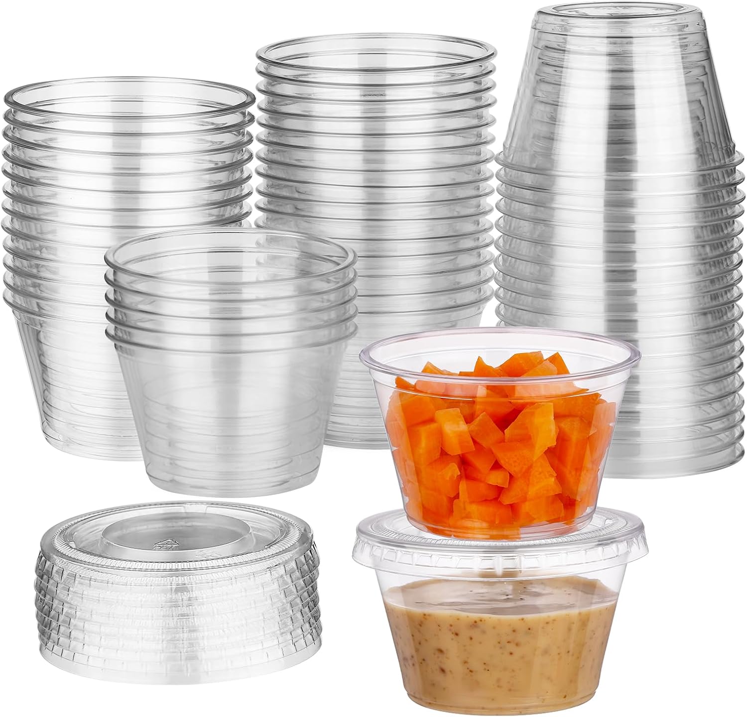Juego de 50 vasos de gelatina de 4 onzas con tapas, tazas de plástico para porciones, tazas desechables para soufflé, tazas pequeñas de plástico