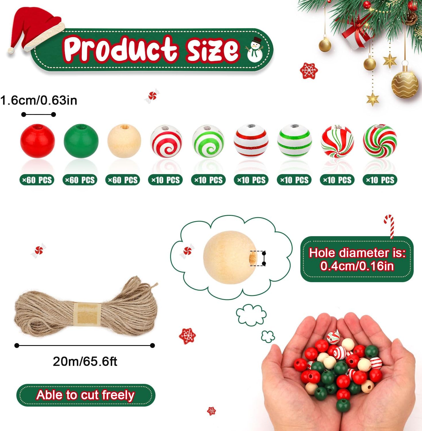240 cuentas de madera de Navidad para manualidades, cuentas de madera coloridas de 0.63 pulgadas con cuerda de cáñamo de 65.6 ft, redonda de madera