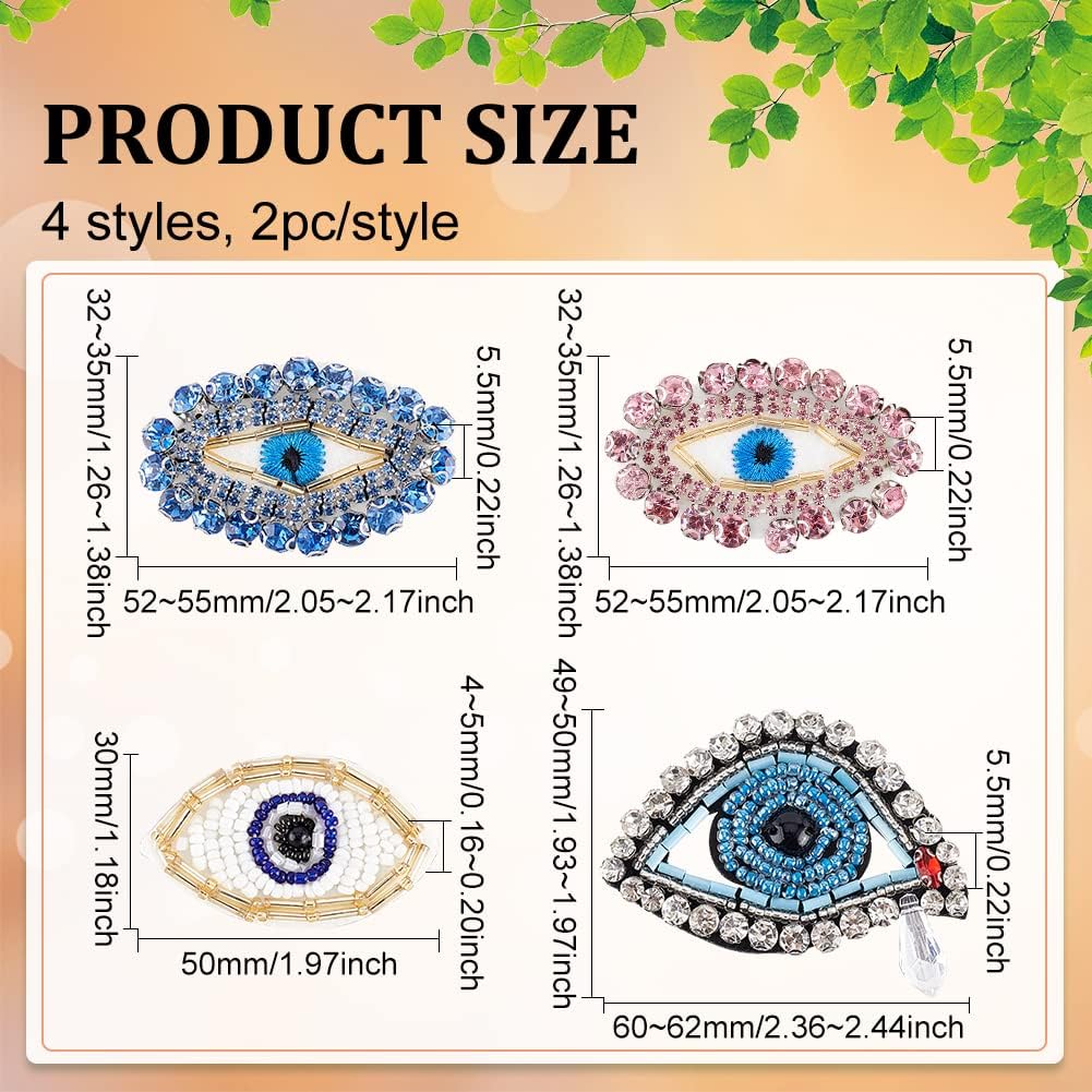 FINGERINSPIRE 8 parches de cristal con diamantes de imitación de Egipto contra el mal de ojo, 4 estilos exquisitos bordados en forma de ojo, parches