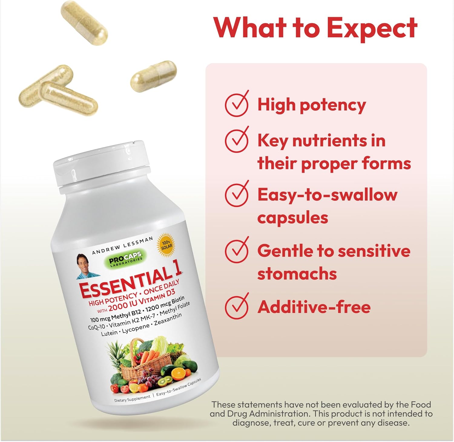 Andrew Lessman Multivitamínico Essential 1, cápsulas pequeñas, 3000 UI Vitamina D3. 250 mcg de metilo B12. Lutein Lycopene Zeaxanthin. Más de 24