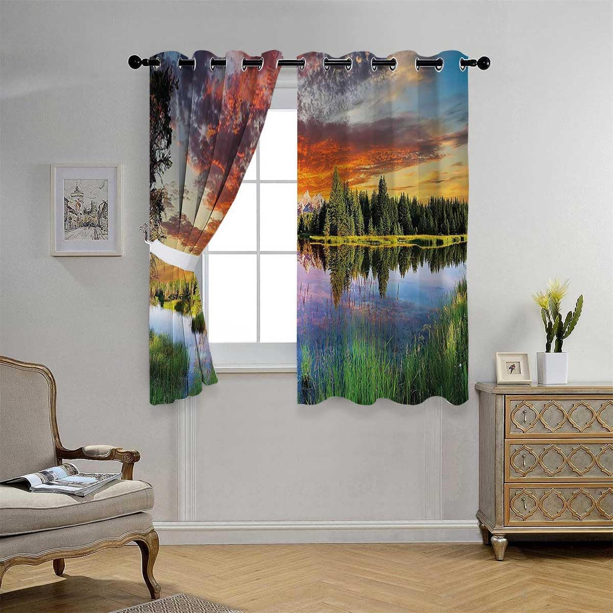 YANFENQI Cortinas para Habitacion Blackout Lake House Decor Collection Grommet Short Door Curtains Acoustic Fabric 55Inch Width by 45Inch Length,2