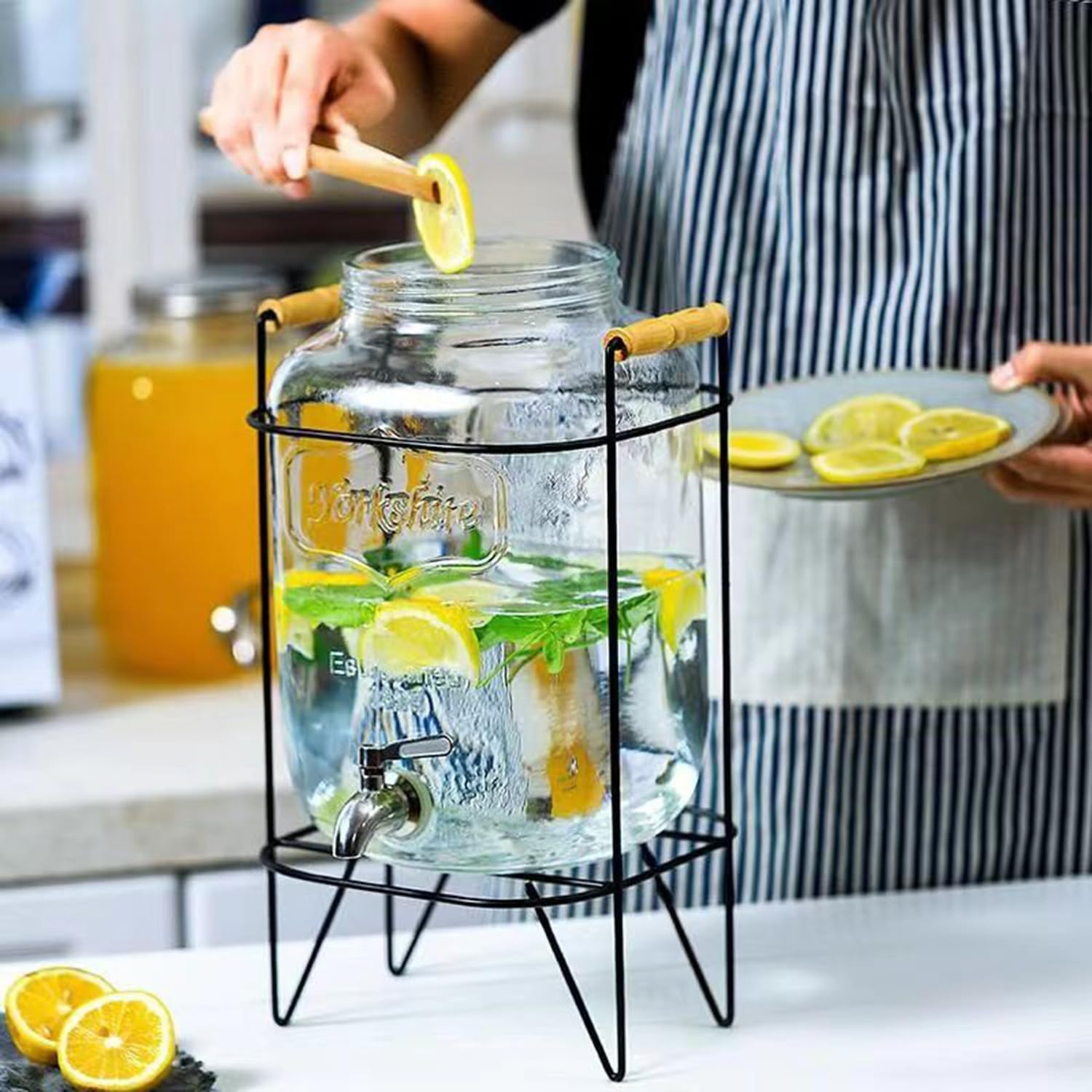 Dispensadores de bebidas de vidrio de 2 galones para fiestas, dispensador de vidrio con soporte y espita de acero inoxidable limonada cilindro de