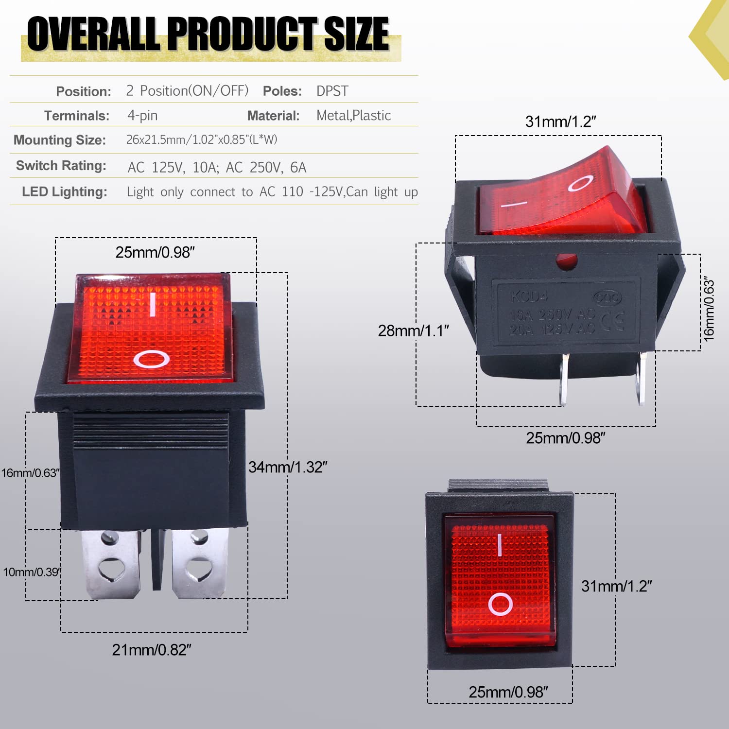 Twidec Interruptor basculante AC 10A125V 6A250V DPST 4 pines 2 posiciones ONOFF luz LED roja iluminada barco KCD4 interruptor basculante palanca