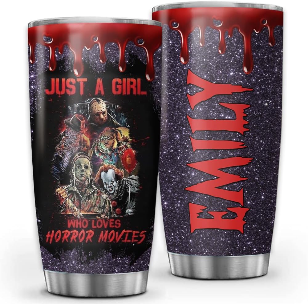 Vaso personalizado de personajes de terror de Halloween, con texto en inglés “Just A Girl Who Loves Horror Movies”, vaso de regalo para adultos,