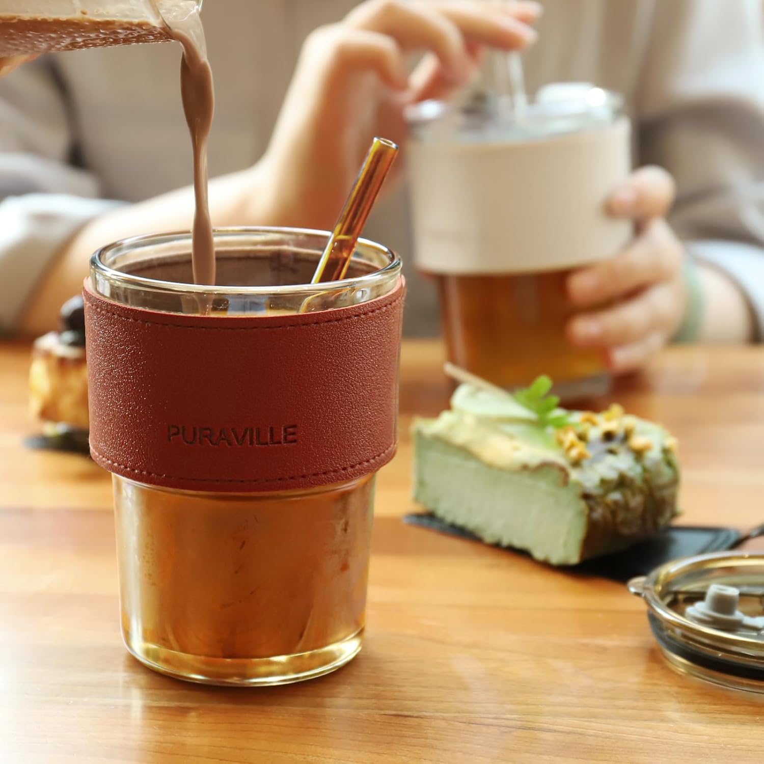 Puraville Paquete de 2 tazas de café helado de 14 onzas  14.2 fl oz con tapas y pajitas, vasos de vidrio de 14 onzas  14.2 fl oz, taza de café de