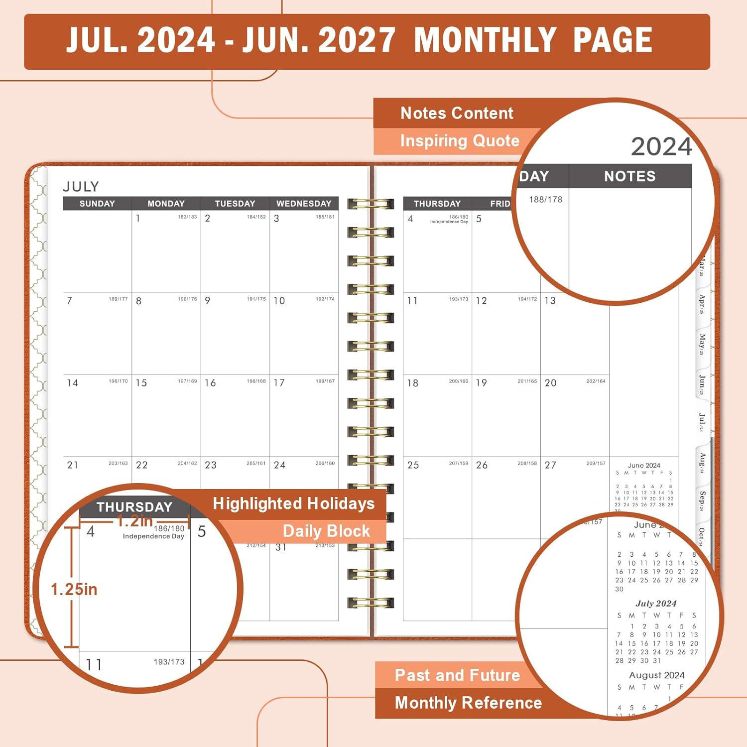 Agenda mensual 2024-2027  Agenda mensual de 3 años de julio de 2024 a junio de 2027, agenda mensual de 6.4 x 8.5 pulgadas con pestañas, calendario