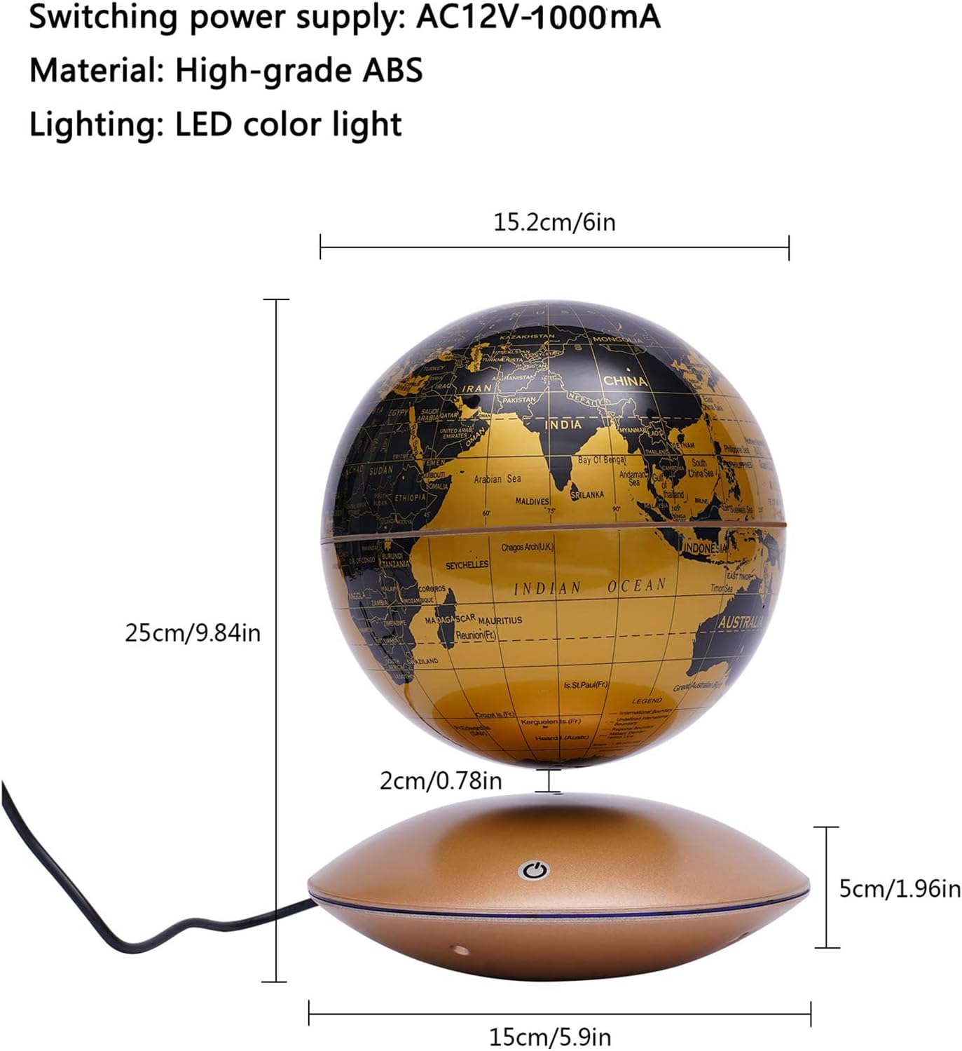 Globo flotante de levitación magnética de 6 pulgadas, mapa del mundo giratorio antigravedad con luz LED, globos geográficos para luz nocturna,