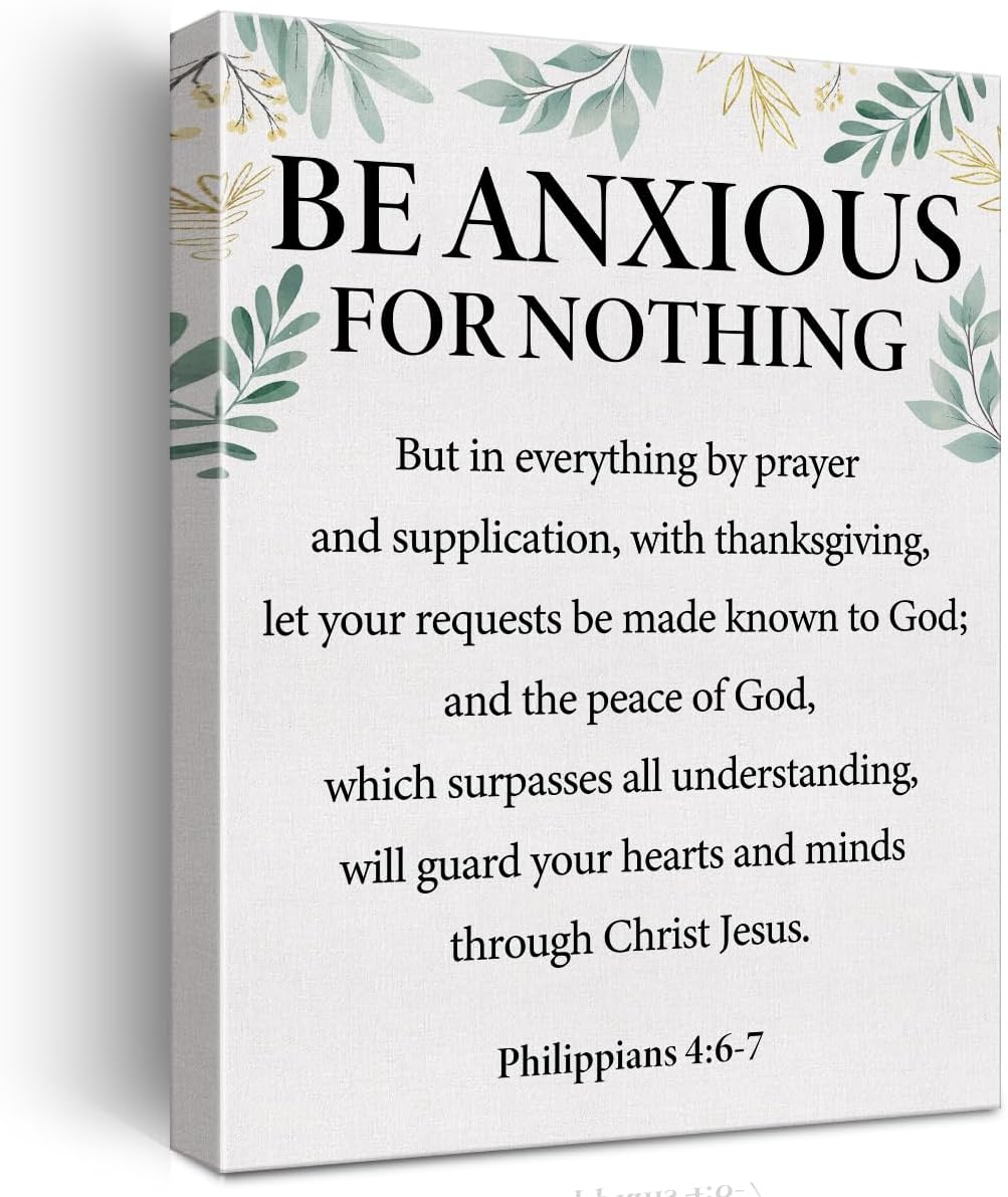 Póster de pared con versículo bíblico positivo con texto en inglés “Be Anxious for Nothing”, pintura enmarcada de Filipenses 46-7 para decoración